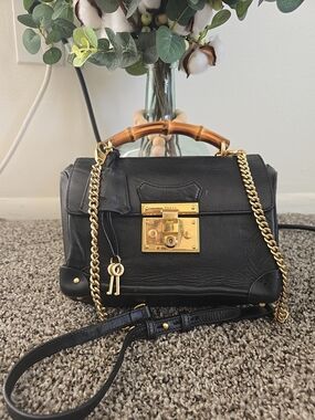 Gucci Black Leather Satchel with Bamboo Top Handle and Gold Hardware